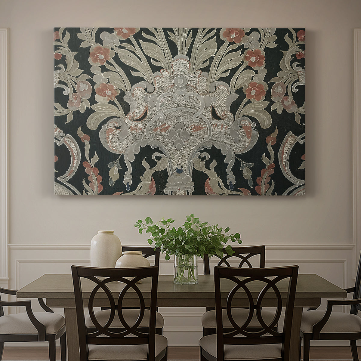 Canvas art print featuring a dense repeating pattern with animals, plants, and decorative elements across fabric, showcased as a statement wall artwork