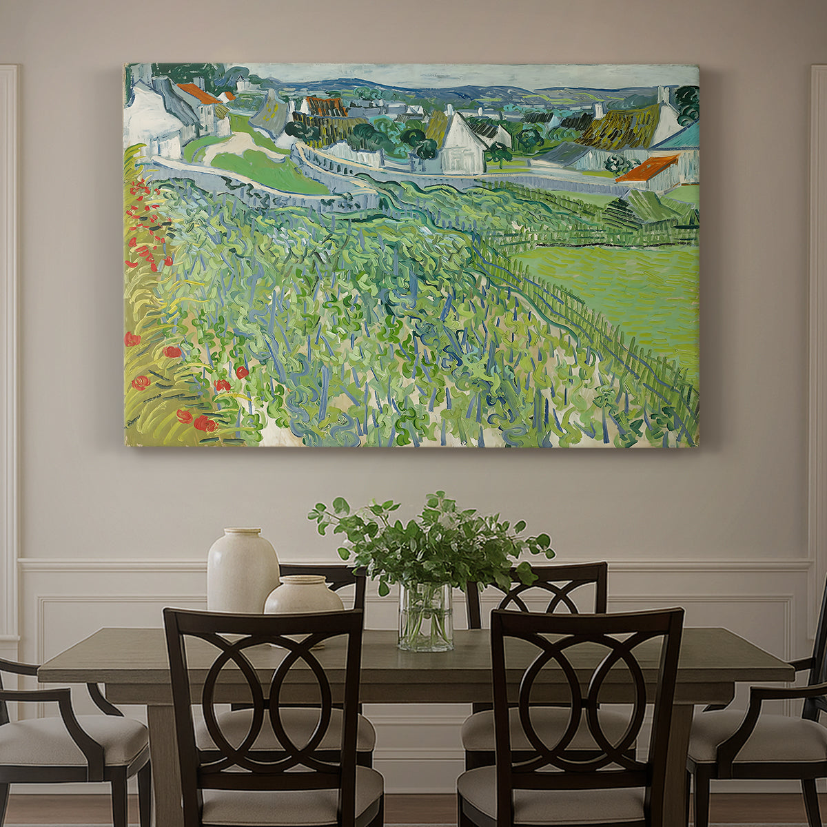 Canvas art print featuring a cultivated vineyard rows stretching across landscape with distant horizon, showcased as a statement wall artwork