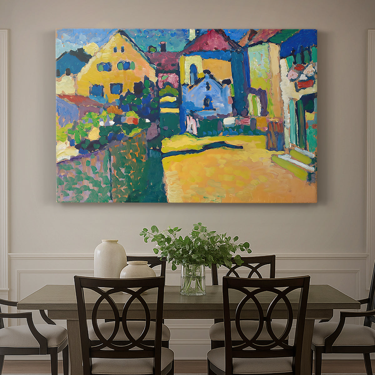 Canvas art print featuring a village street with colorful houses and trees lining a narrow road, showcased as a statement wall artwork