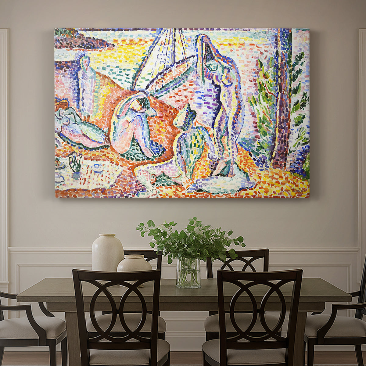 Canvas art print featuring figures relaxing in a bright coastal landscape with water and trees, showcased as a statement wall artwork