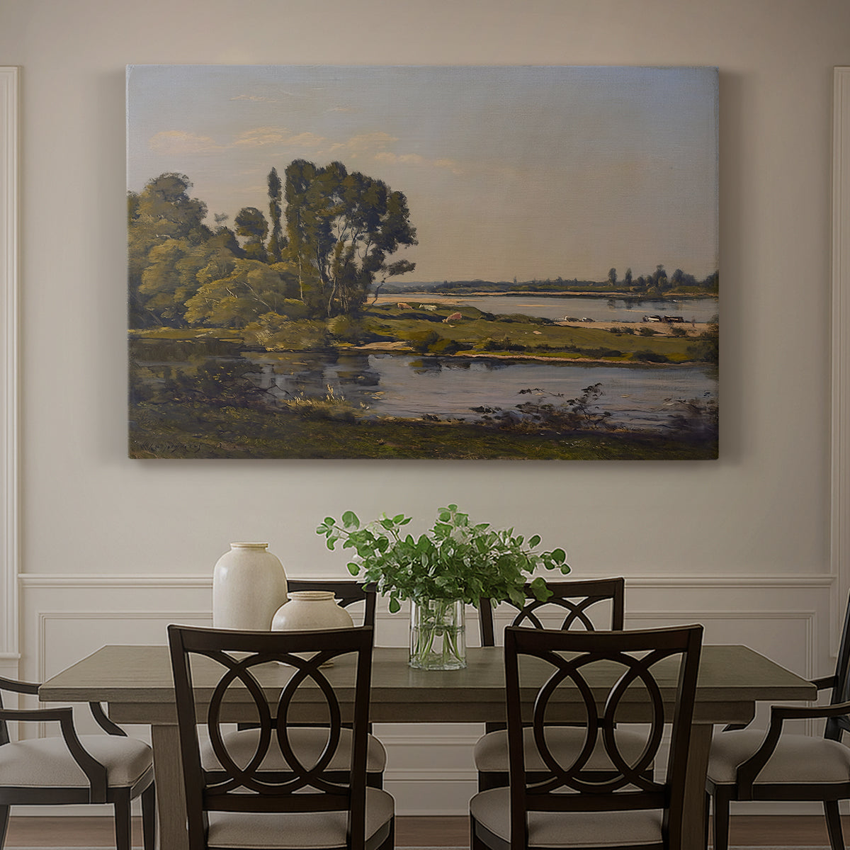 Canvas art print featuring a calm river winding through countryside with trees and open sky, showcased as a statement wall artwork