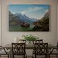 Canvas art print featuring a bridal procession in boats crossing a fjord surrounded by dramatic mountain landscape, showcased as a statement wall artwork