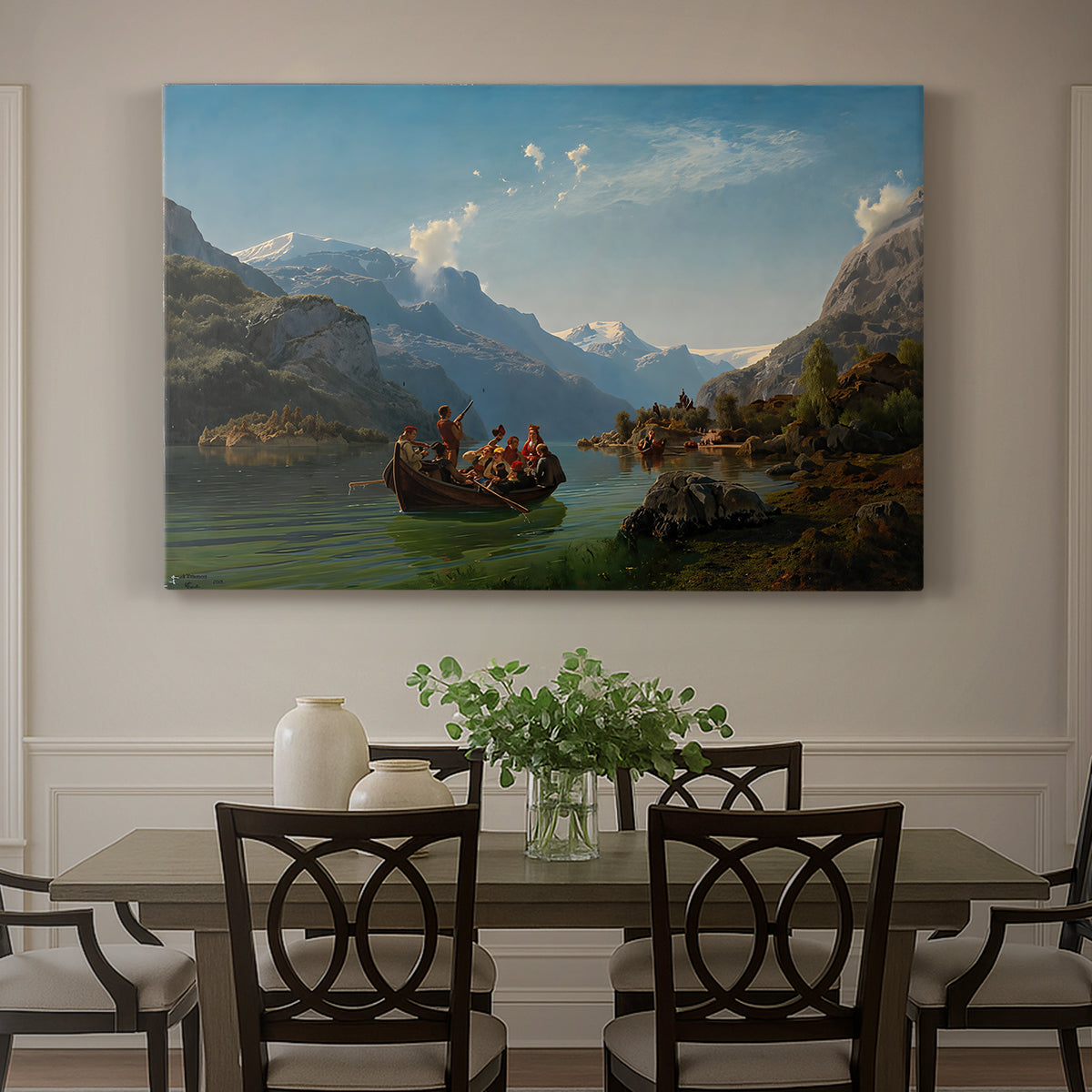 Canvas art print featuring a bridal procession in boats crossing a fjord surrounded by dramatic mountain landscape, showcased as a statement wall artwork