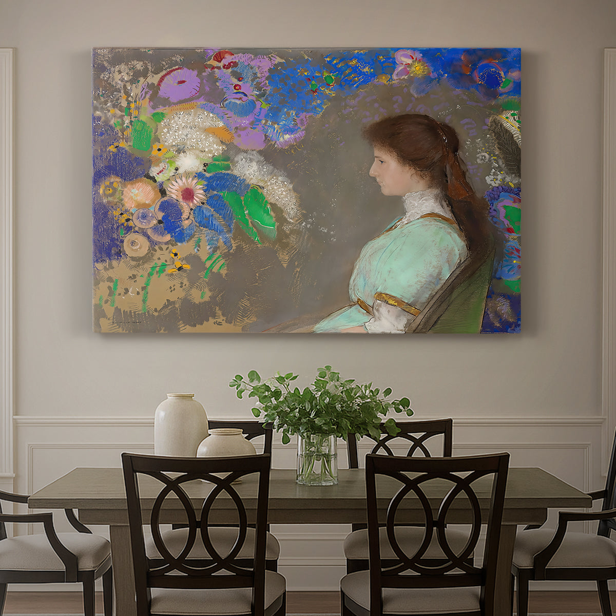 Canvas art print featuring a young woman in profile with soft decorative background, showcased as a statement wall artwork