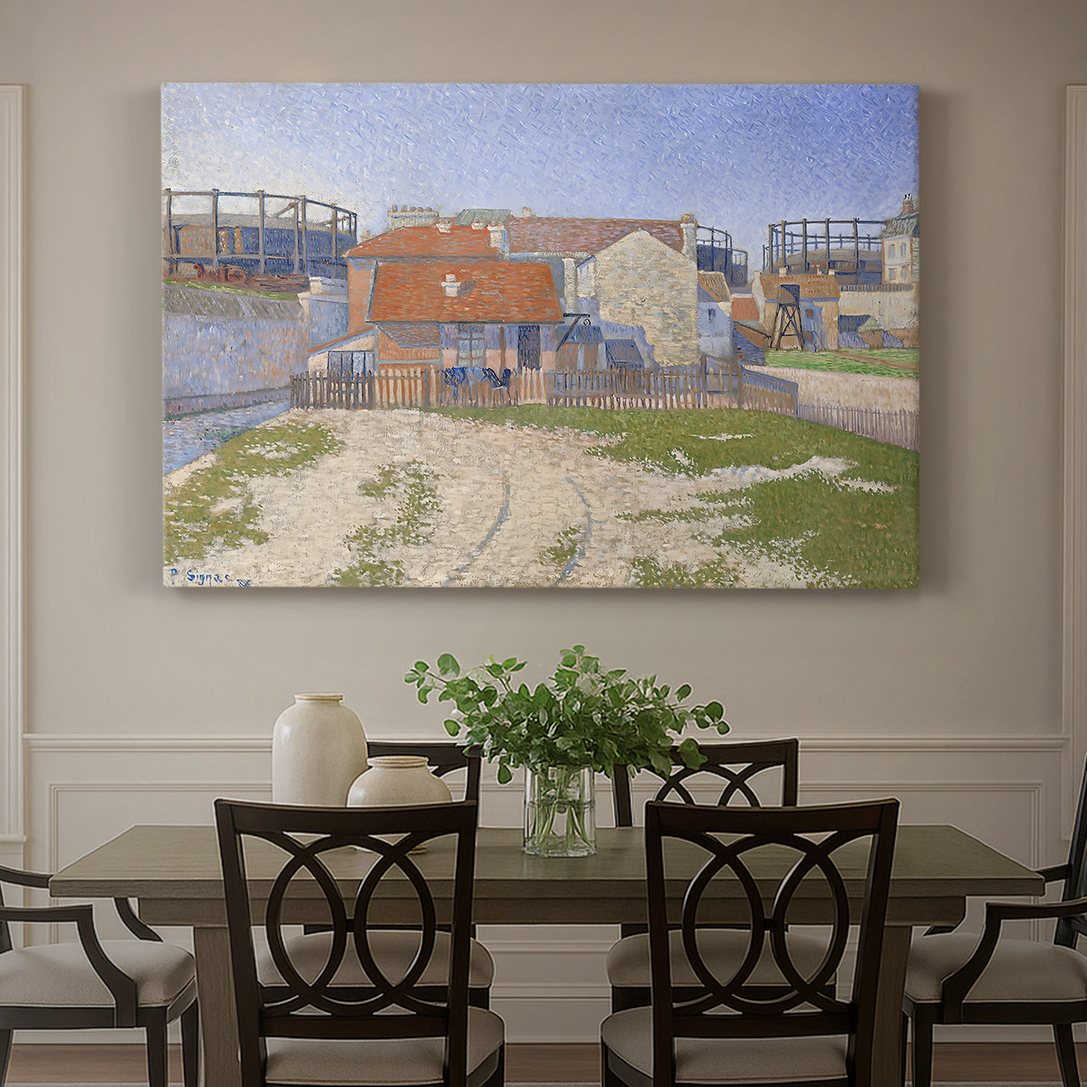 Canvas art print featuring industrial gas structures in urban landscape, showcased as a statement wall artwork