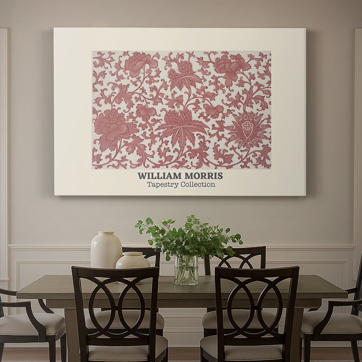 Canvas art print featuring a repeating ornamental pattern with floral and geometric elements arranged in horizontal bands, showcased as a statement wall artwork