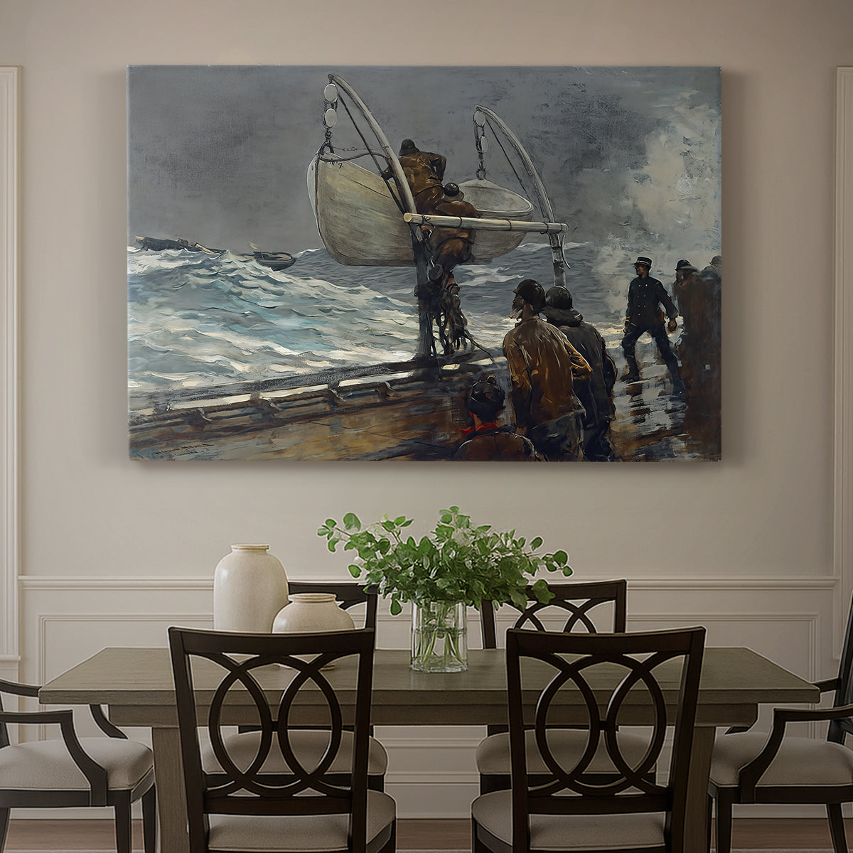 Canvas art print featuring figures gathered on rocky shore signaling toward sea with ship in distance, showcased as a statement wall artwork