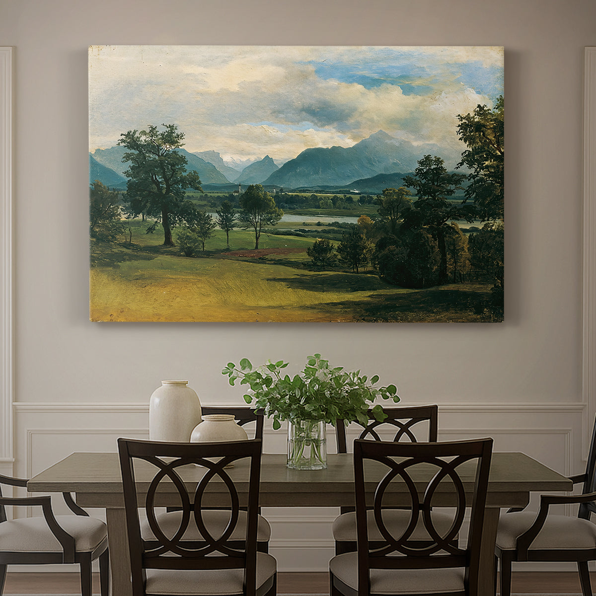 Canvas art print featuring a village landscape and countryside under wide sky, showcased as a statement wall artwork