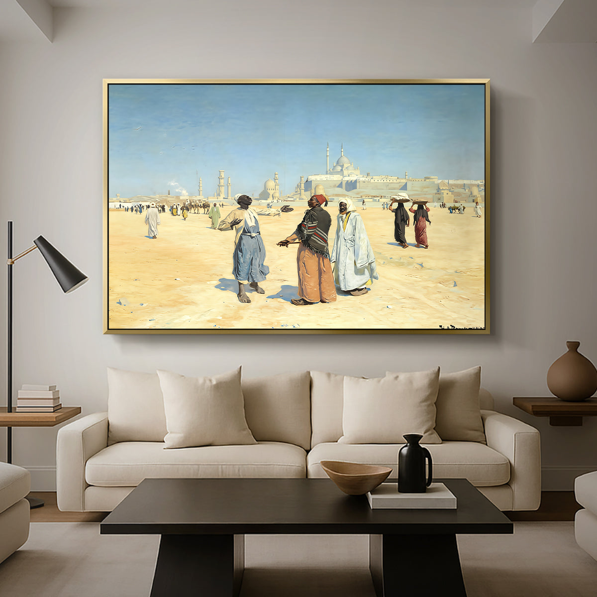 View from the Desert of Cairo with Citadel and Mamluk Tombs in the Background, c. 1889-1890 - Floater Framed Canvas Print