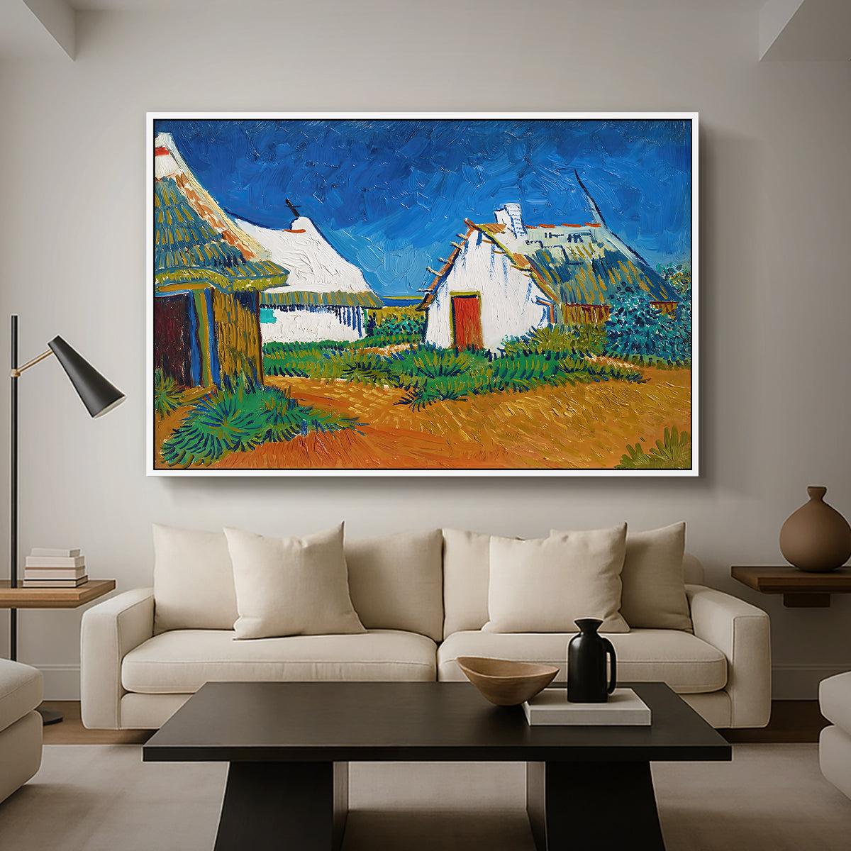 Three White Cottages at Saintes-Maries, 1888 - Floater Framed Canvas Print