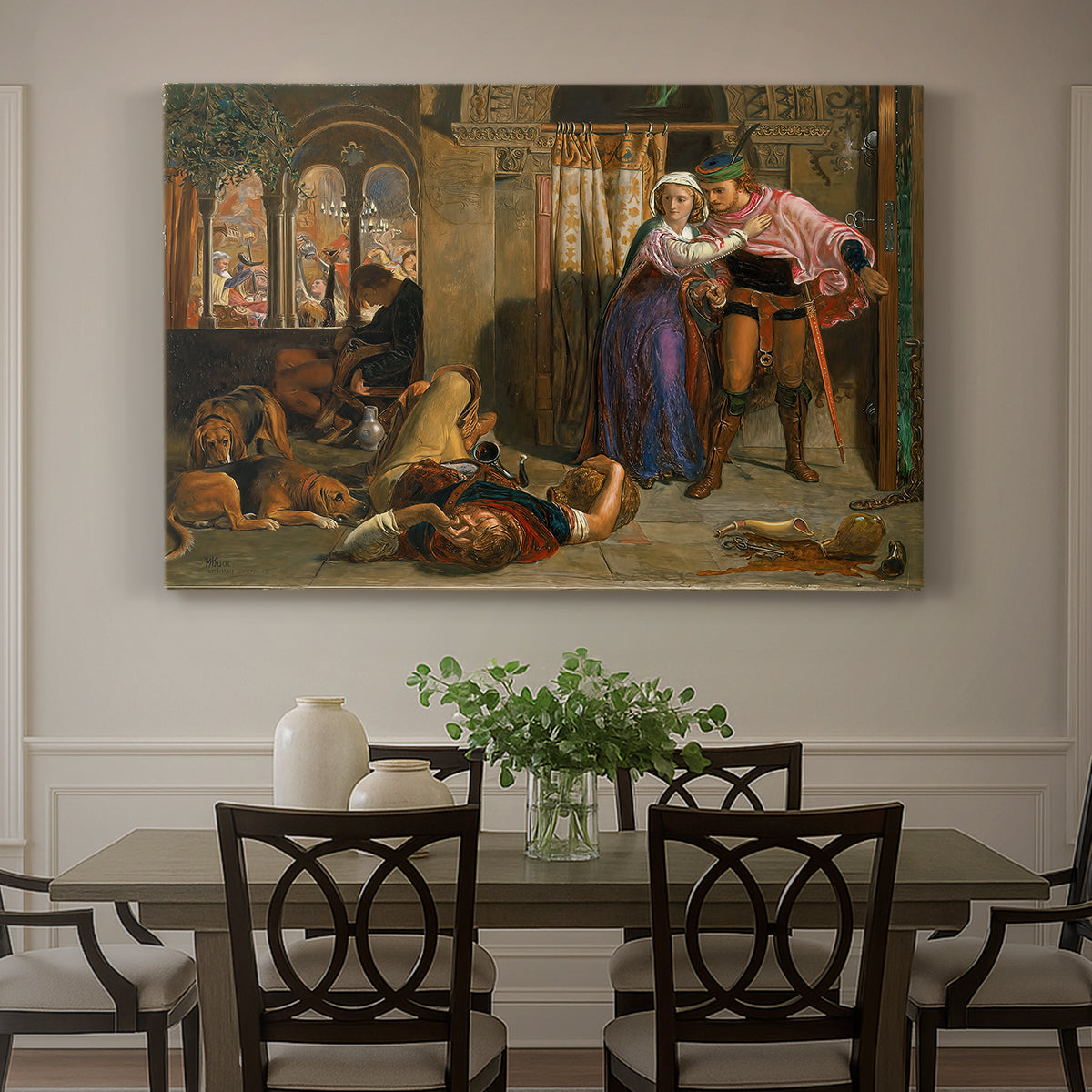 Canvas art print featuring a couple moving through dim interior space with draped fabrics and candlelight, showcased as a statement wall artwork