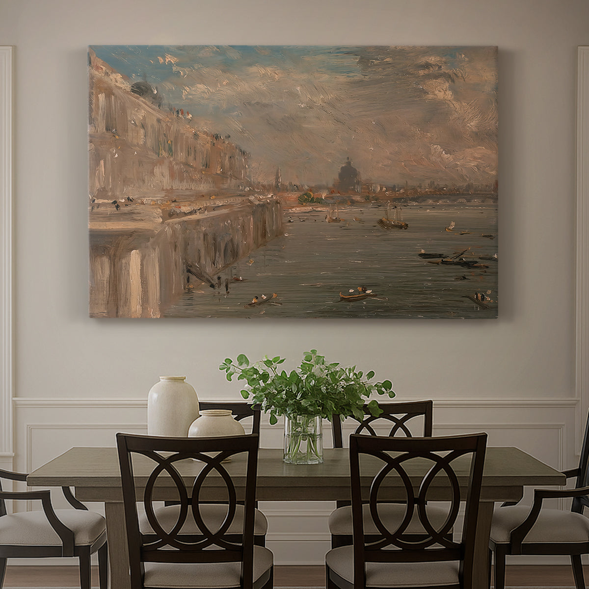 Canvas art print featuring a cityscape with riverside buildings and bridge, showcased as a statement wall artwork