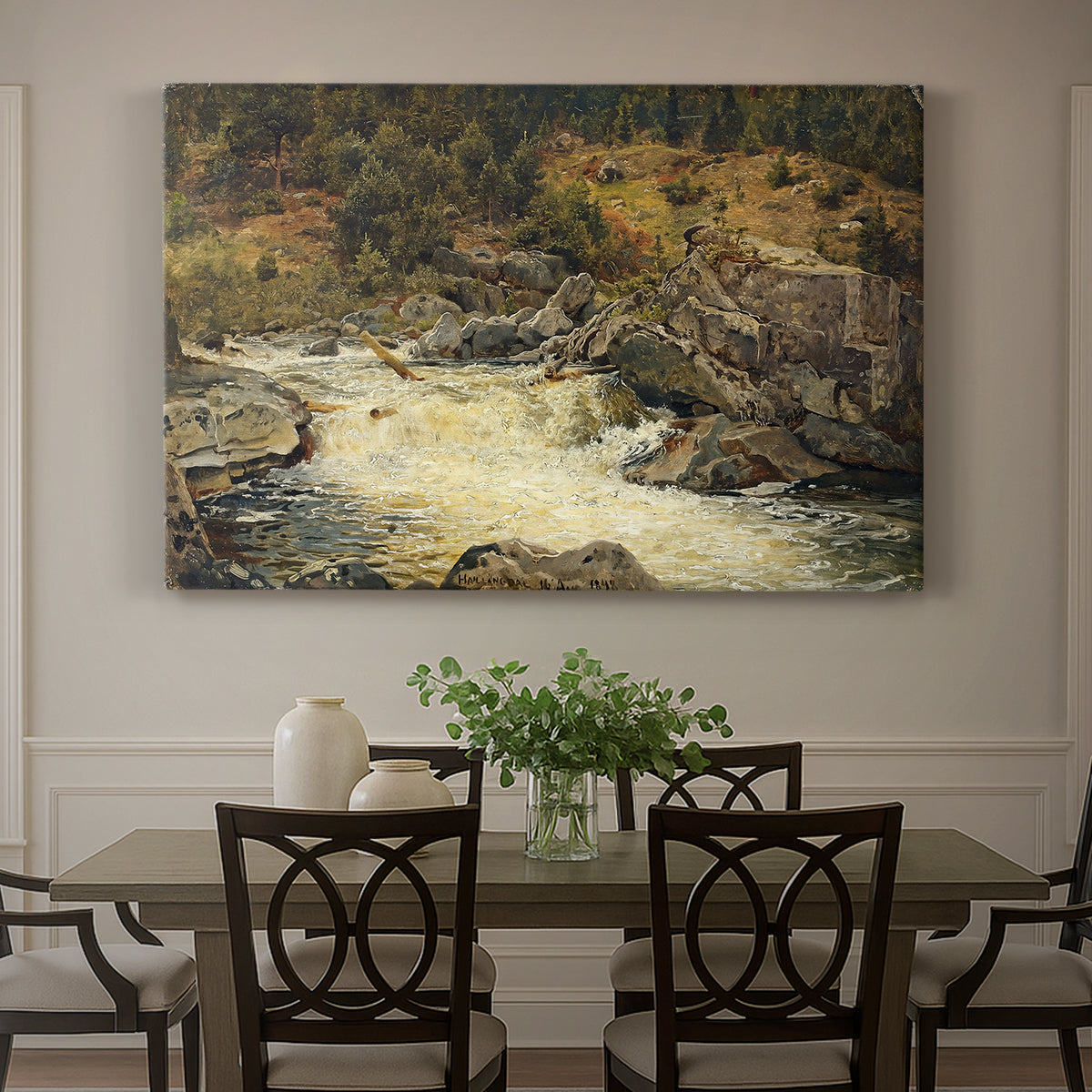 Canvas art print featuring a waterfall cascading down rocky slope surrounded by forest, showcased as a statement wall artwork