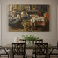Canvas art print featuring a group of people seated around table sharing meal in interior, showcased as a statement wall artwork