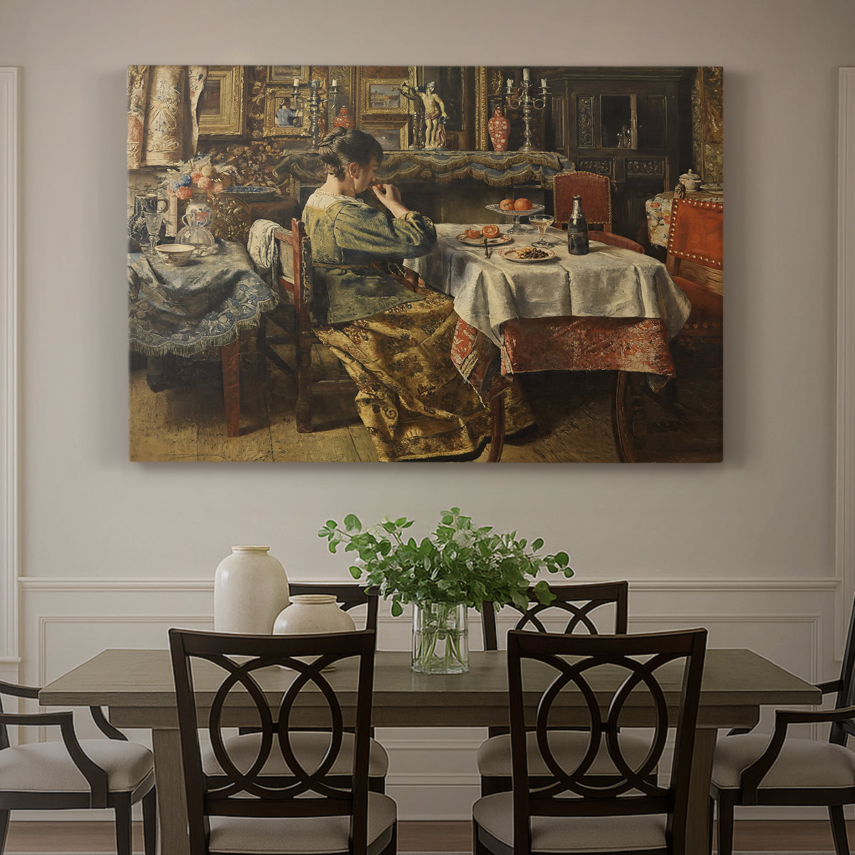 Canvas art print featuring a group of people seated around table sharing meal in interior, showcased as a statement wall artwork