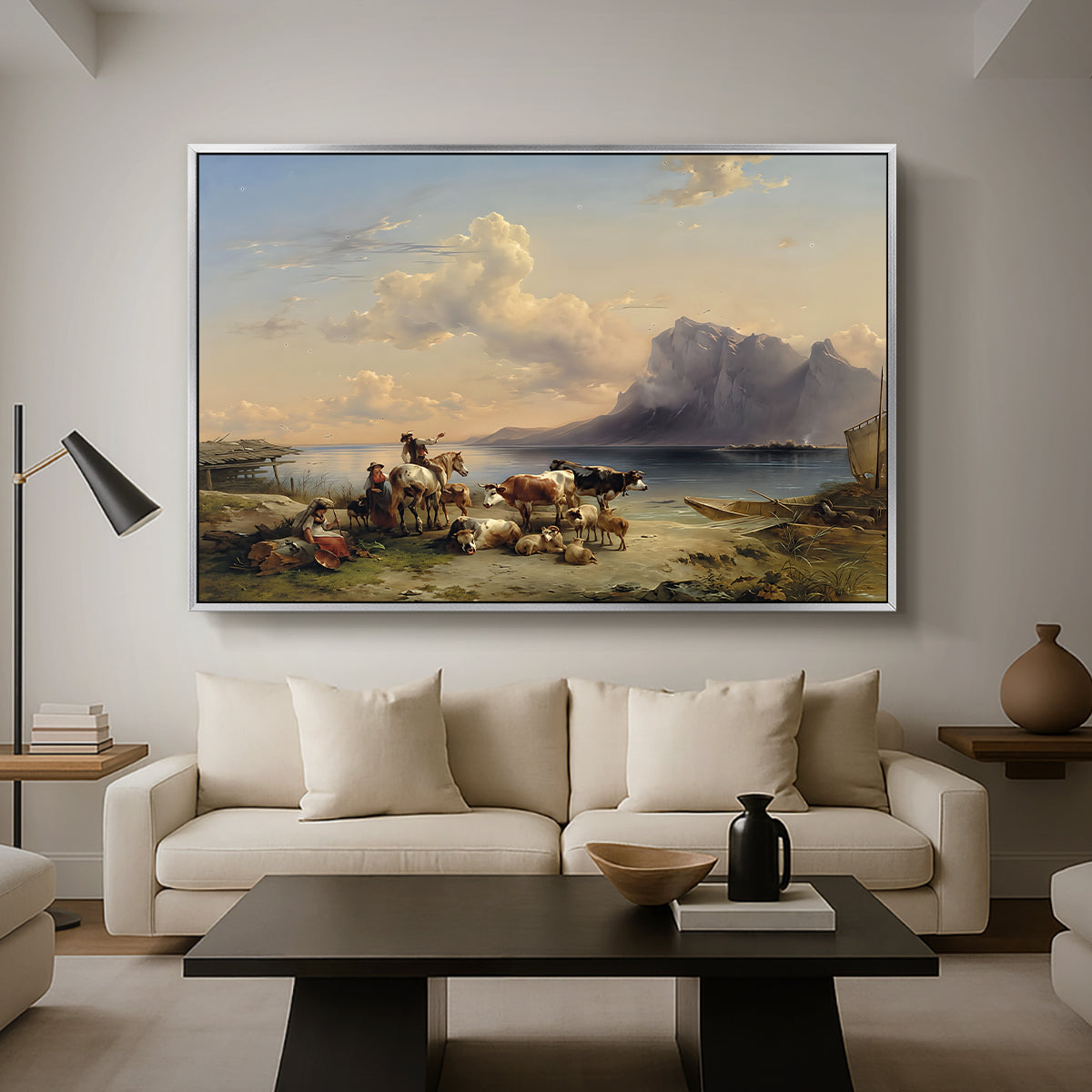 Shepherds and Cattle on Lake Attersee, 1852 - Floater Framed Canvas Print