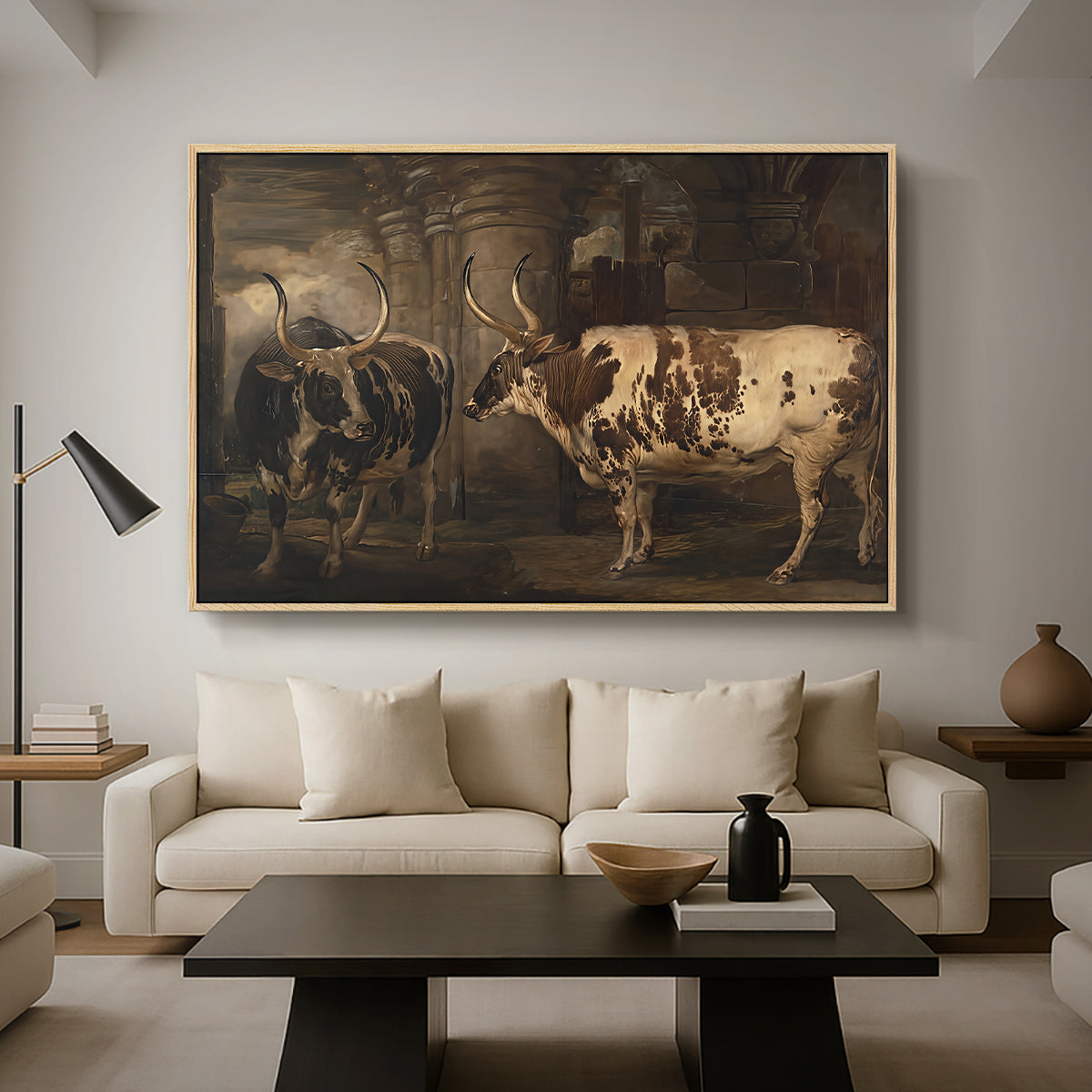 Portraits of Two Extraordinary Oxen, Property of the Earl of Powis, 1814 - Floater Framed Canvas Print