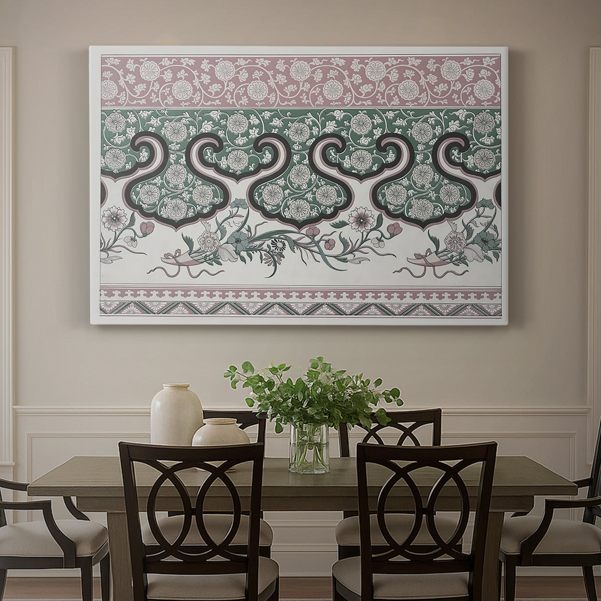 Canvas art print featuring a repeating pattern with interlocking shapes and stylized organic forms, showcased as a statement wall artwork