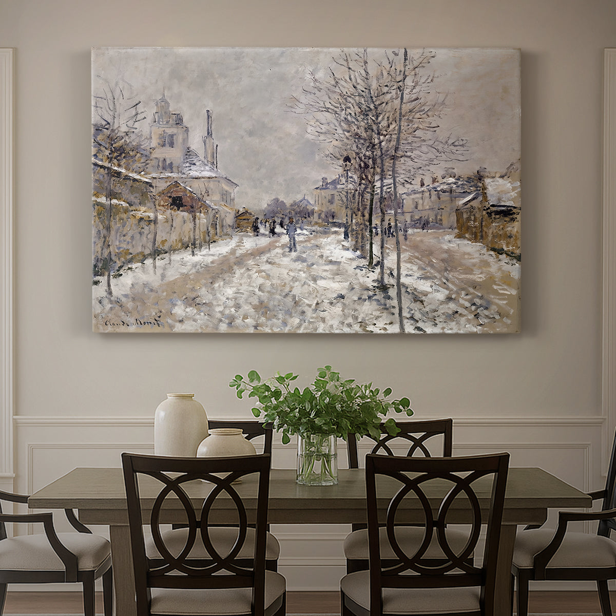 Canvas art print featuring a snow-covered street lined with trees and buildings under winter sky, showcased as a statement wall artwork