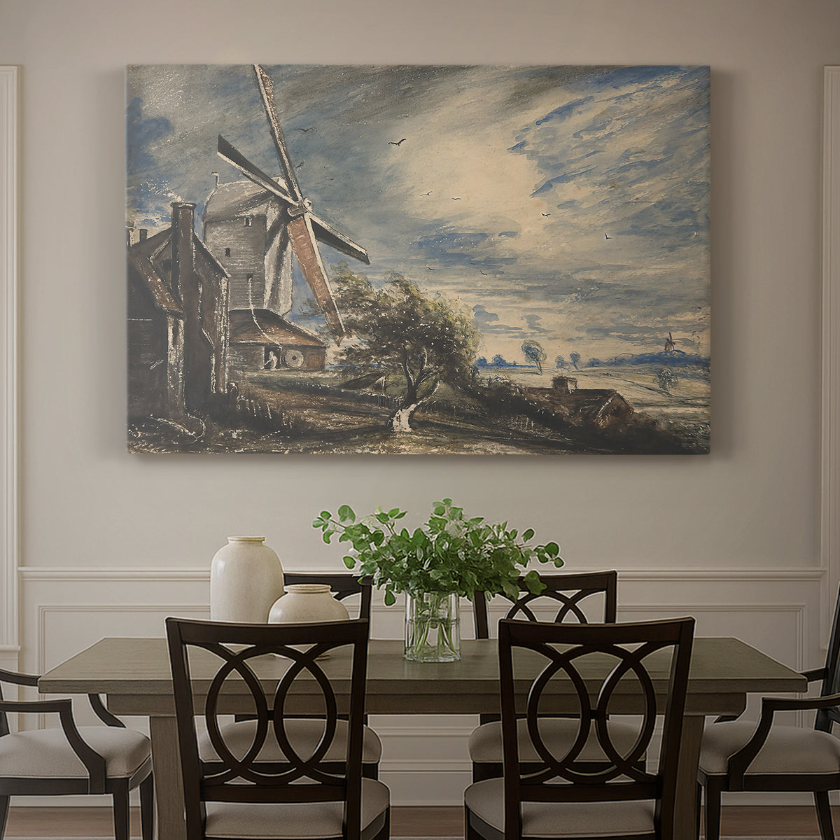 Canvas art print featuring a rural mill beside water surrounded by trees, showcased as a statement wall artwork
