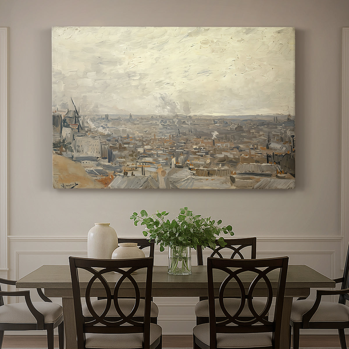 Canvas art print featuring an elevated view over rooftops and buildings across wide urban landscape, showcased as a statement wall artwork