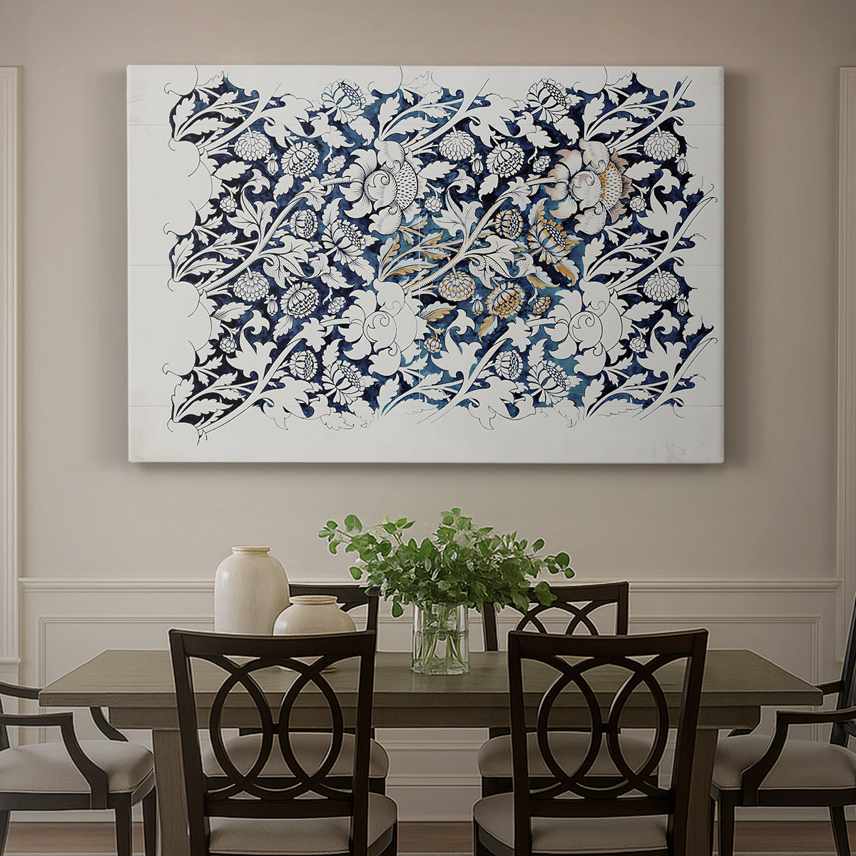 Canvas art print featuring a repeating floral design with flowing stems and scattered blossoms across light background, showcased as a statement wall artwork