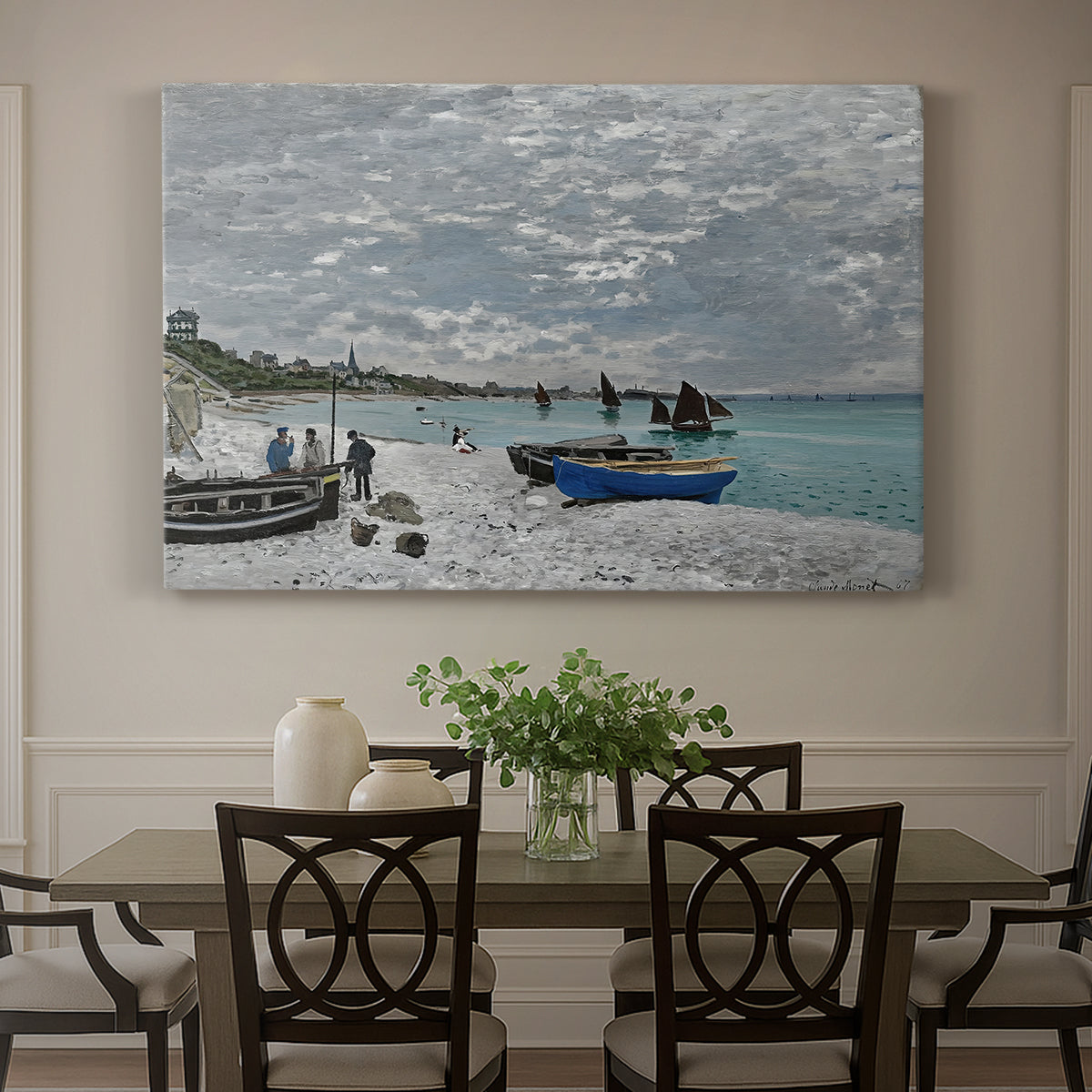 Canvas art print featuring a seaside promenade with figures, flags, and boats along the coast, showcased as a statement wall artwork