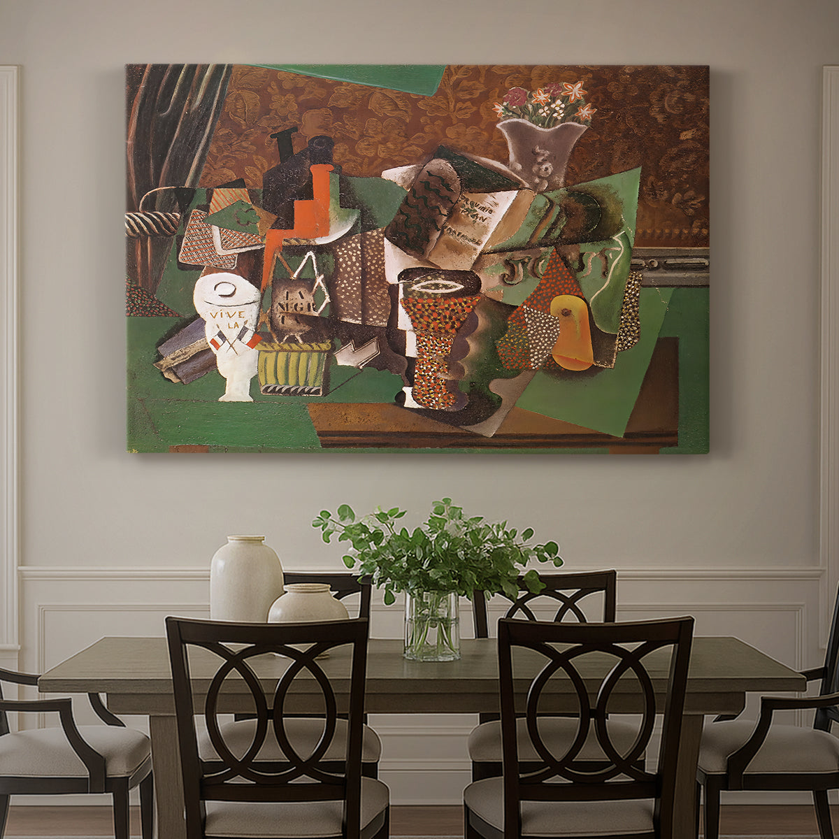 Canvas art print featuring a collage still life with cards bottles and glasses, showcased as a statement wall artwork