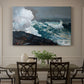 Canvas art print featuring powerful waves crashing against rocky coast under stormy sky, showcased as a statement wall artwork