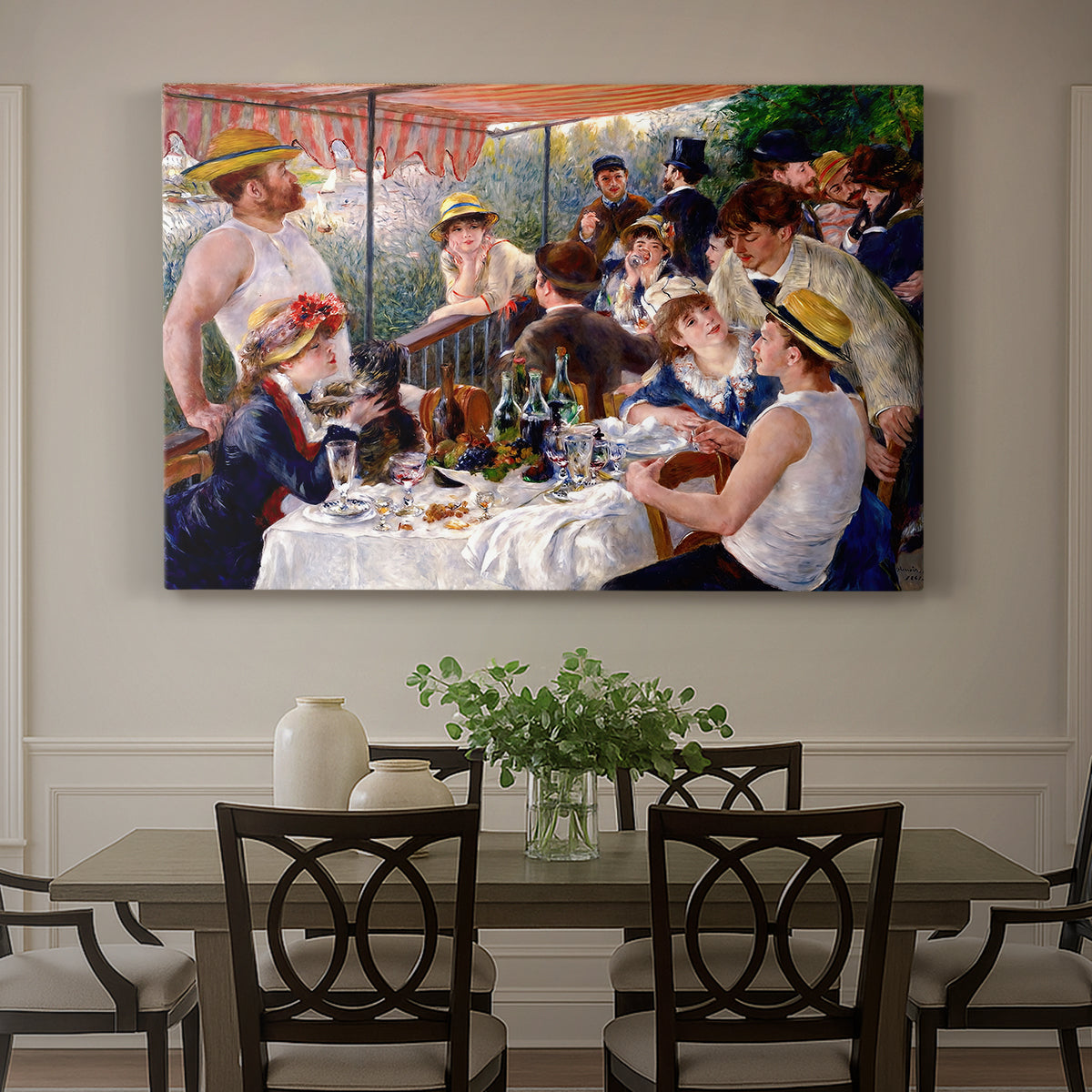 Canvas art print featuring a group of elegantly dressed people dining together on a sunlit balcony overlooking the river, showcased as a statement wall artwork