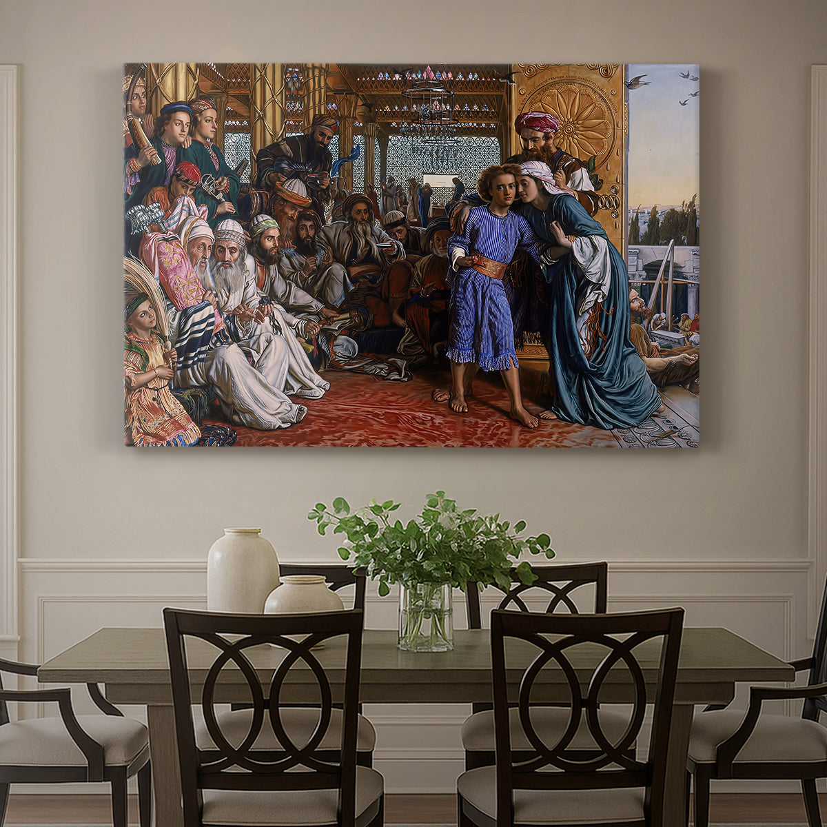 Canvas art print featuring a large group gathered in temple interior around central young figure, showcased as a statement wall artwork