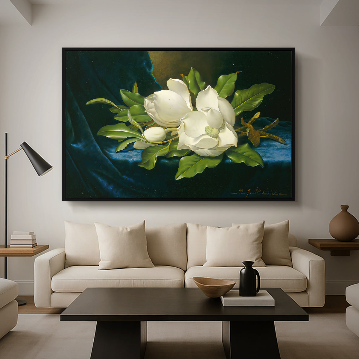 Giant Magnolias on a Blue Velvet Cloth, c. 1890 - Floater Framed Canvas Print