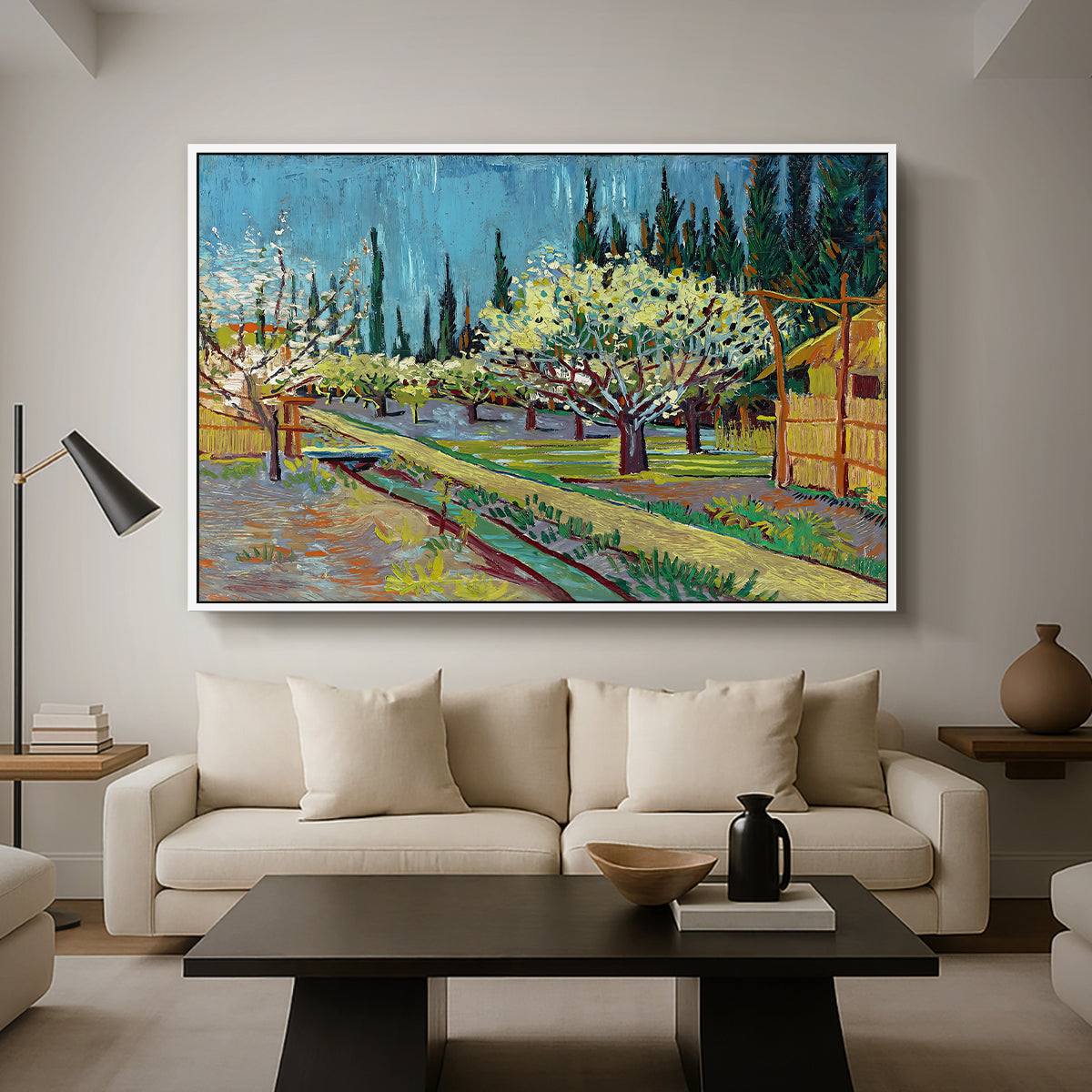 Orchard in Blossom, Bordered by Cypresses, 1888 - Floater Framed Canvas Print