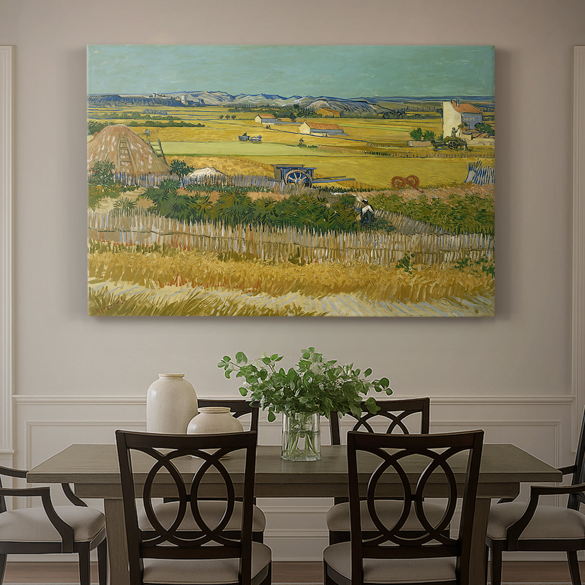 Canvas art print featuring an expansive farmland with workers harvesting crops under bright sky, showcased as a statement wall artwork