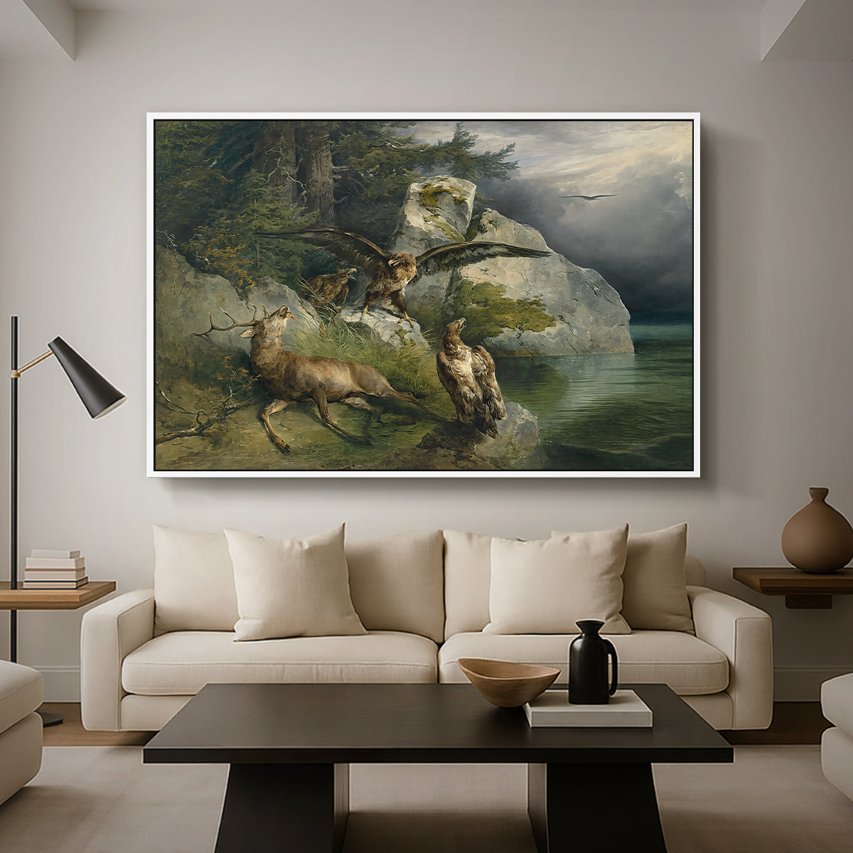 Eagles and Dying Stag on a Lakeshore, 1836 - Floater Framed Canvas Print