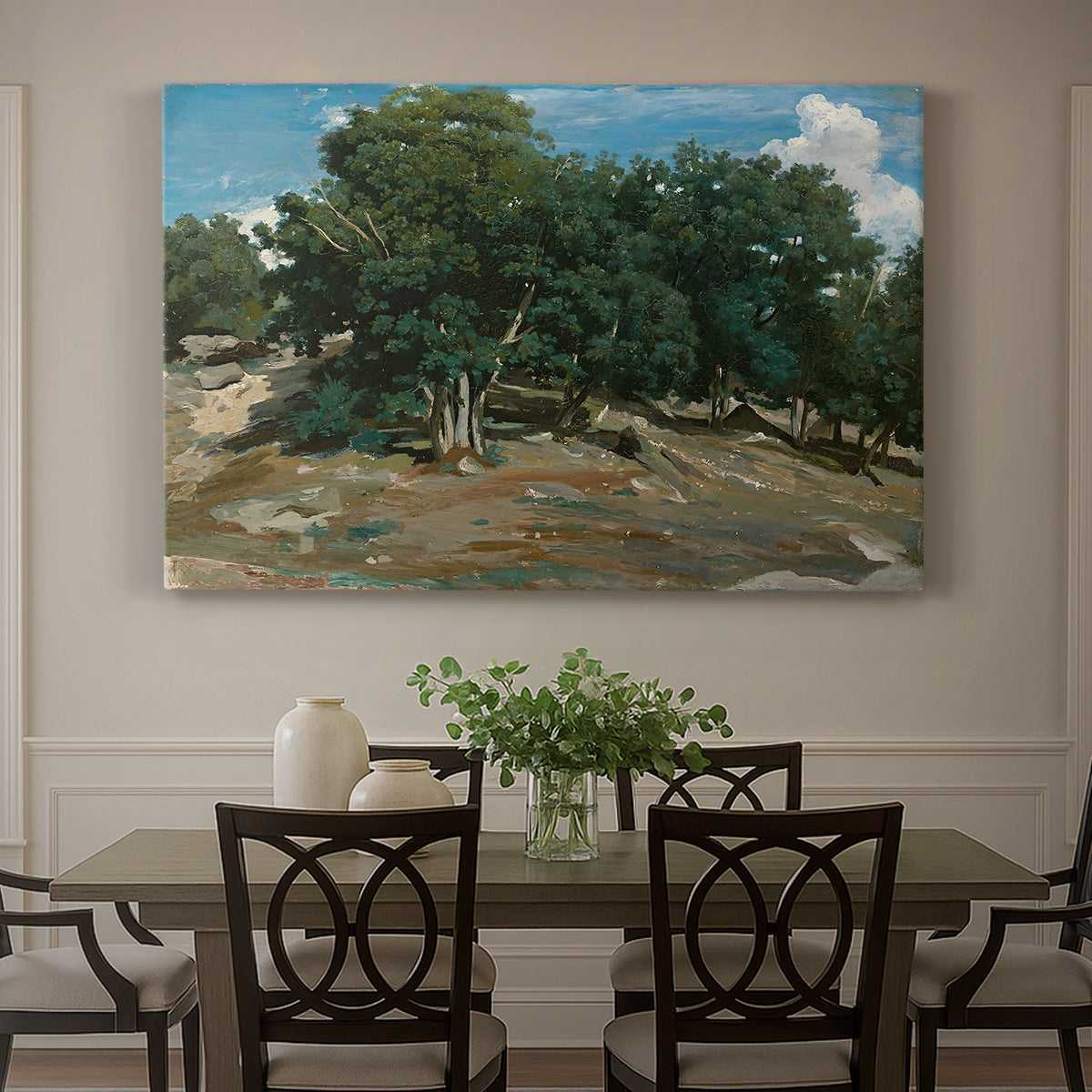 Canvas art print featuring large oak trees dominating forest landscape with open ground beneath, showcased as a statement wall artwork