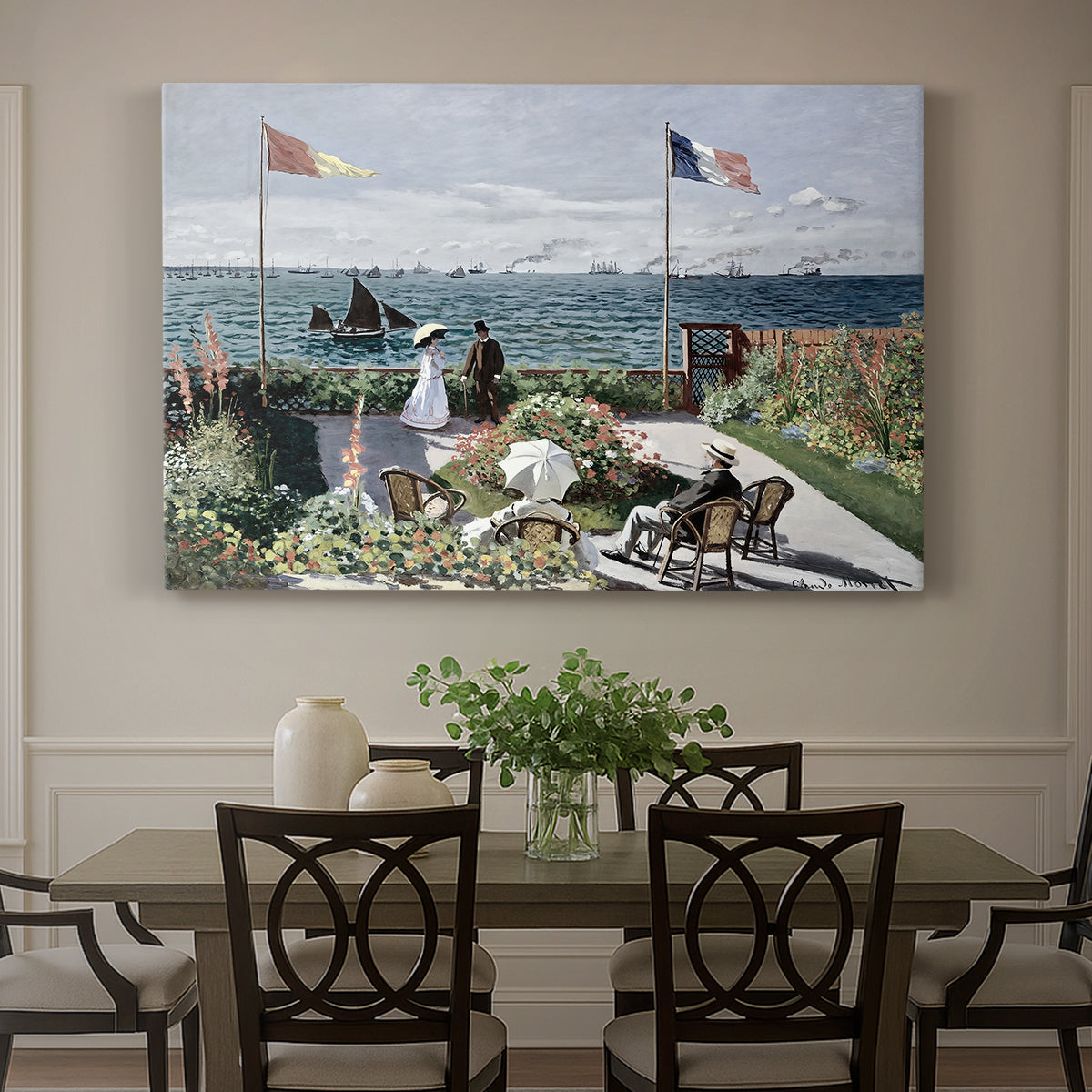 Canvas art print featuring a seaside garden with flowers, flags, and figures overlooking the water, showcased as a statement wall artwork