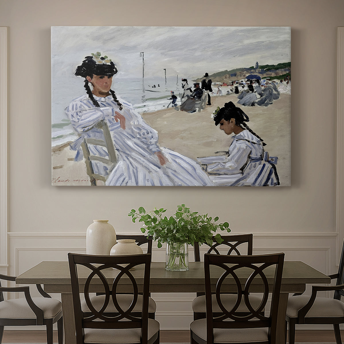 Canvas art print featuring figures seated on beach with parasols facing the ocean, showcased as a statement wall artwork