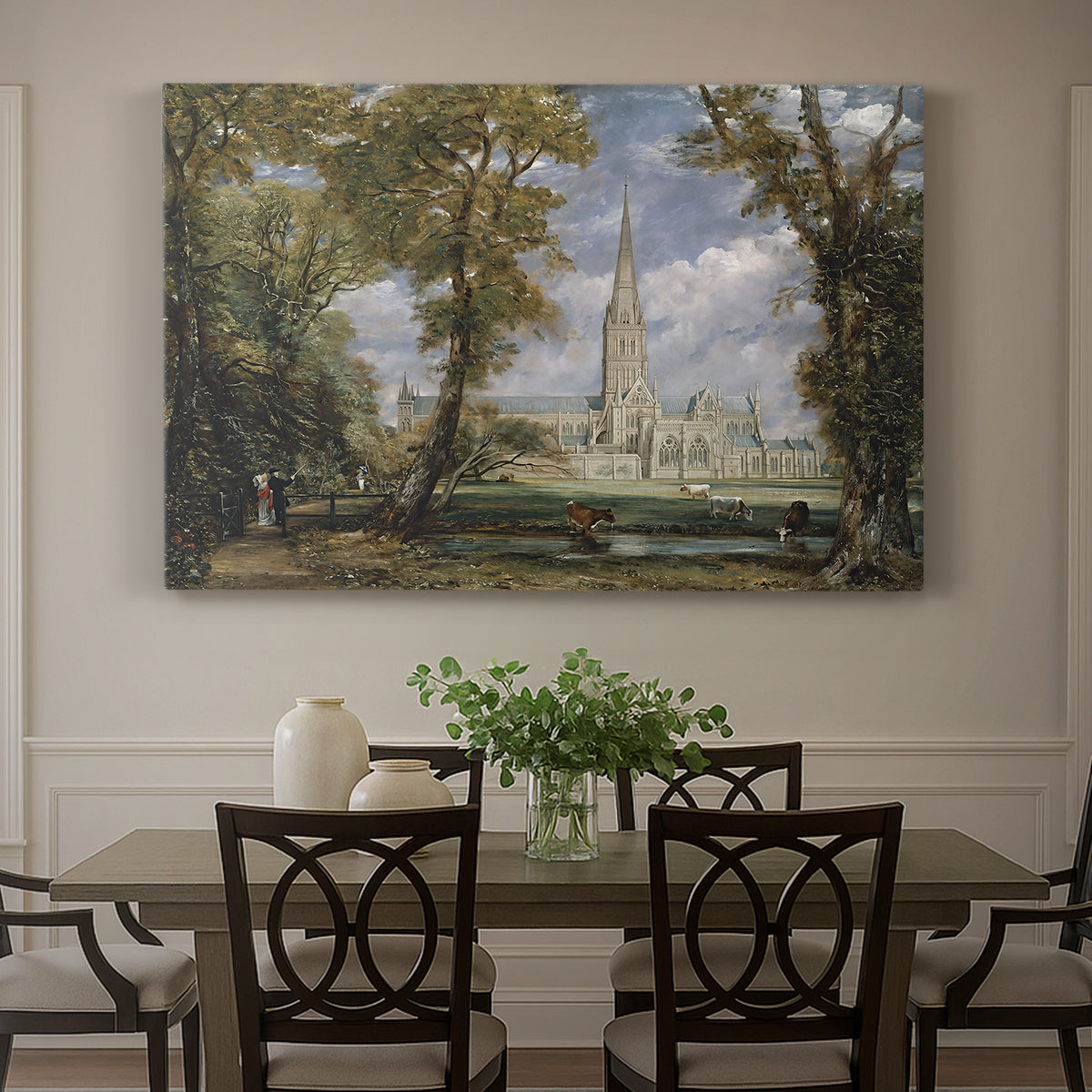 Canvas art print featuring a cathedral rising above landscape with trees, showcased as a statement wall artwork