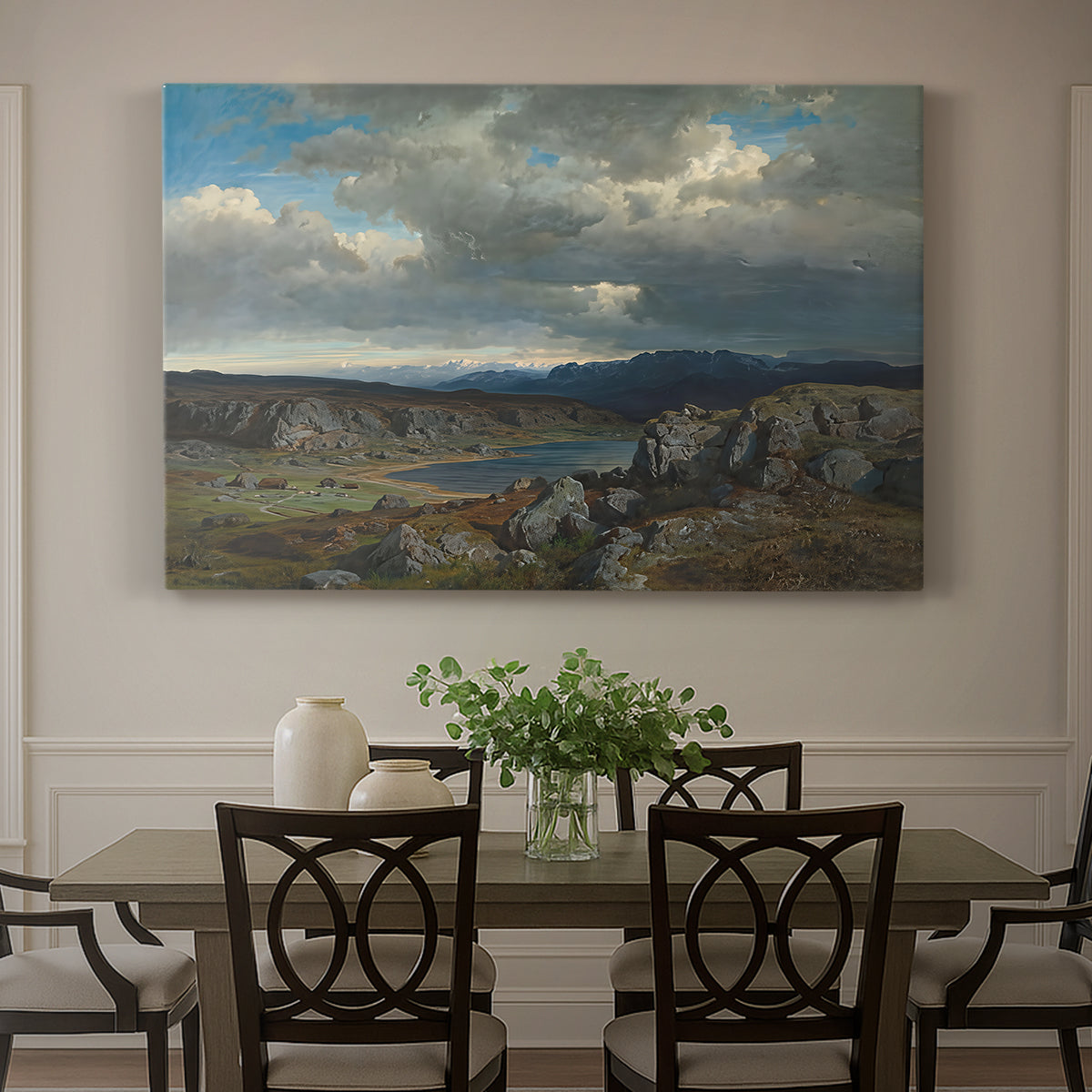 Canvas art print featuring a rugged highland landscape with mountains and open terrain, showcased as a statement wall artwork