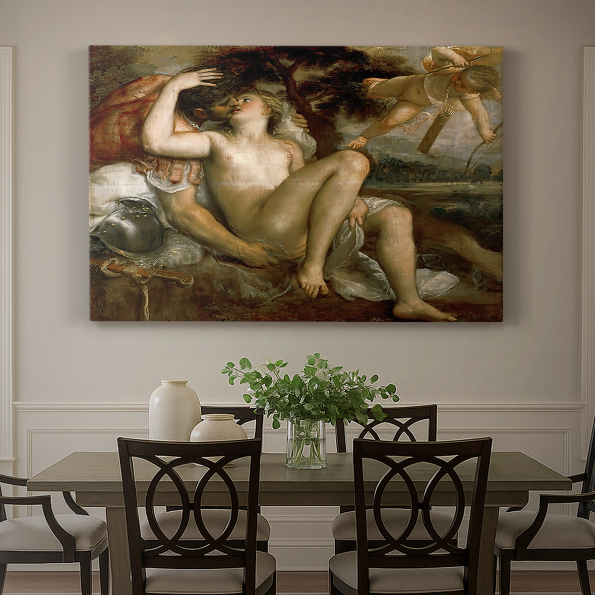 Canvas art print featuring a reclining mythological figures with Cupid in warm-toned classical setting, showcased as a statement wall artwork