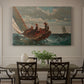 Canvas art print featuring a small sailboat with boys aboard leaning into wind on open water, showcased as a statement wall artwork