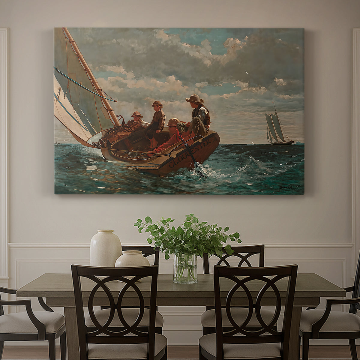 Canvas art print featuring a small sailboat with boys aboard leaning into wind on open water, showcased as a statement wall artwork