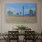 Canvas art print featuring an expansive field of red poppies with tall trees under blue sky, showcased as a statement wall artwork