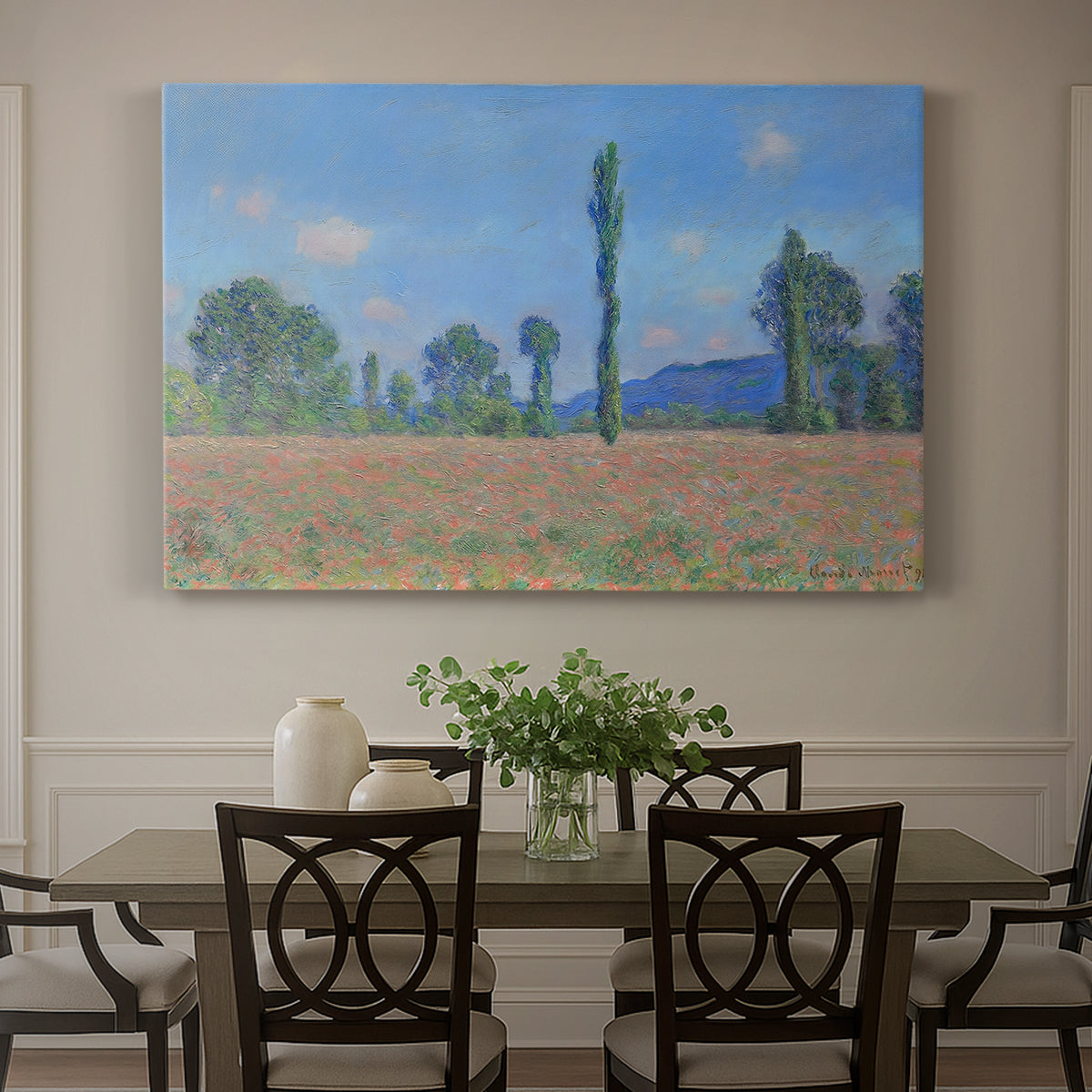 Canvas art print featuring an expansive field of red poppies with tall trees under blue sky, showcased as a statement wall artwork