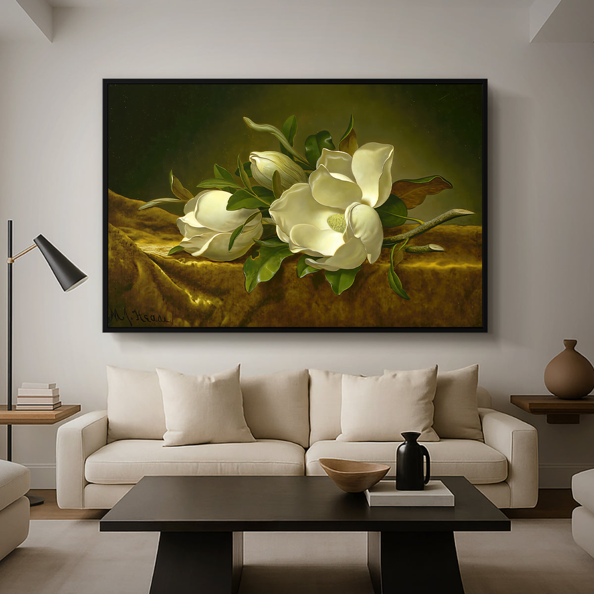 Magnolias on Gold Velvet Cloth, c. 1888-1890 - Floater Framed Canvas Print