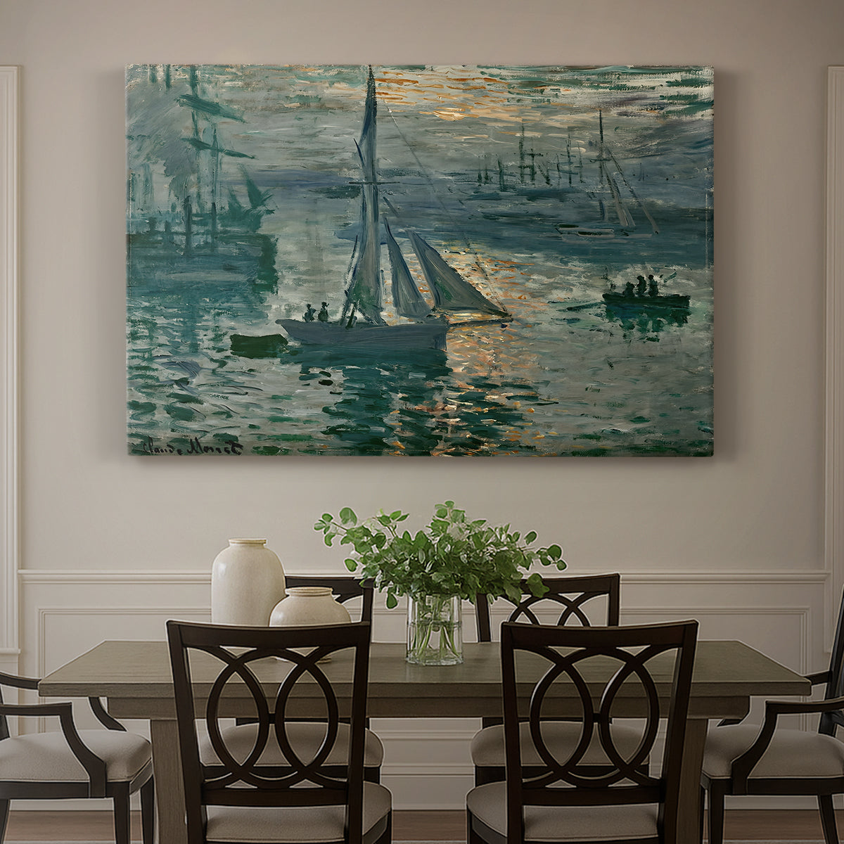Canvas art print featuring a hazy sunrise over harbor with boats silhouetted in soft morning light, showcased as a statement wall artwork