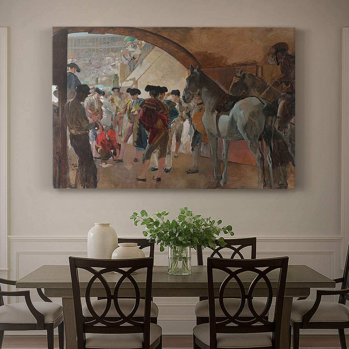 Canvas art print featuring a group of figures gathered indoors preparing for bullfight performance, showcased as a statement wall artwork