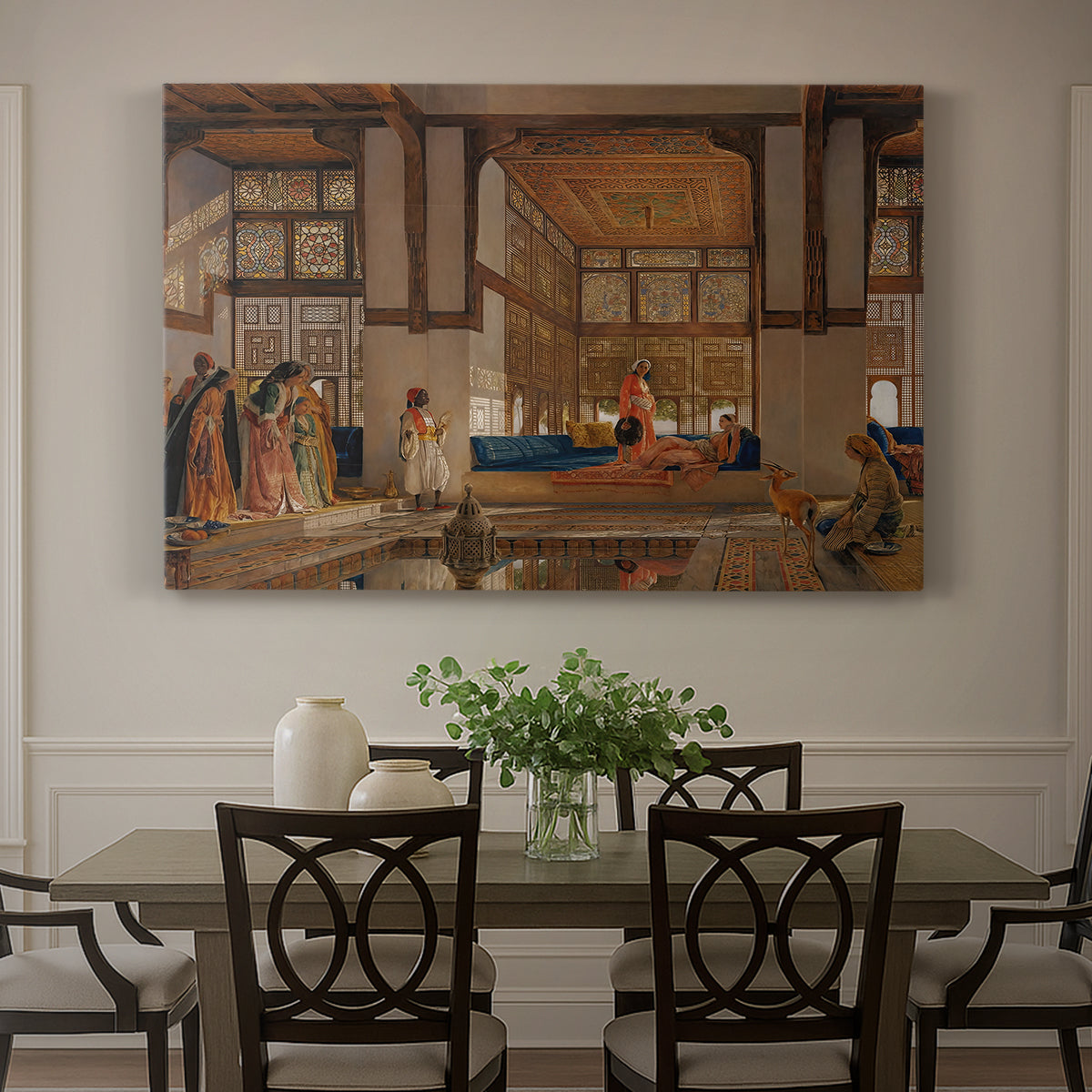 Canvas art print featuring an interior scene with woman receiving guests in ornate room, showcased as a statement wall artwork
