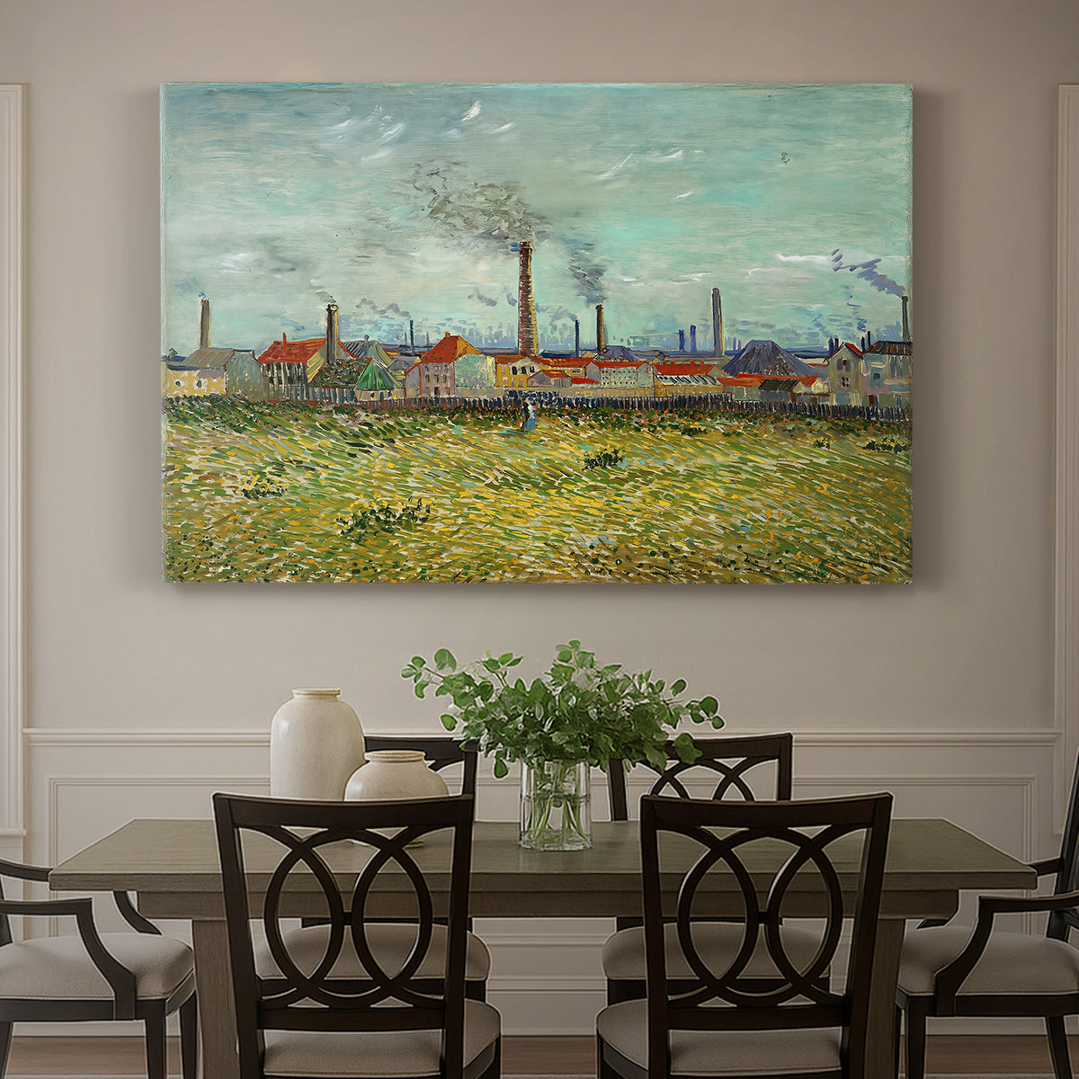 Canvas art print featuring industrial buildings with smokestacks rising above flat landscape, showcased as a statement wall artwork